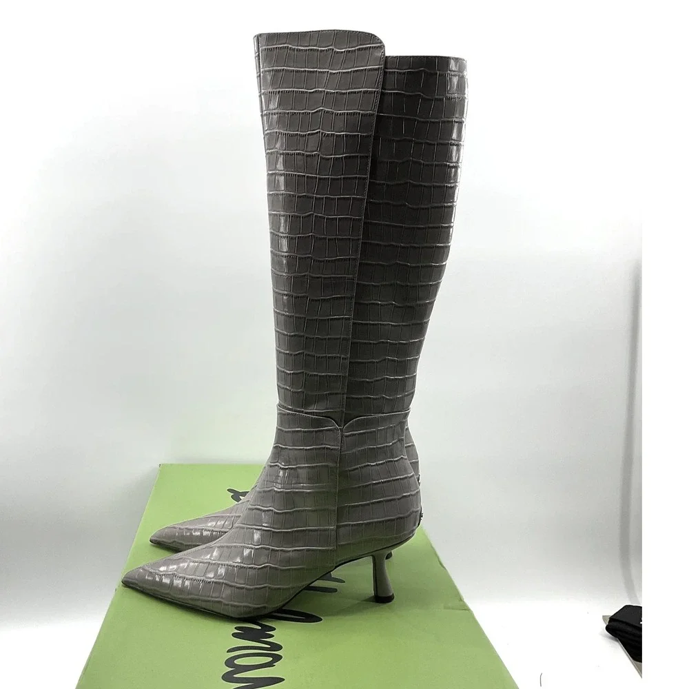 Sam Edelman Sylvia Taupe Grey Croc Embossed Leather Kitten Heel Boots Womens 10